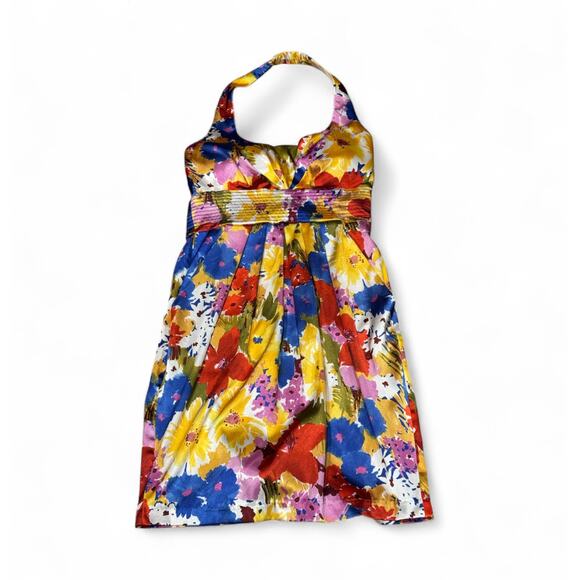 Bisou Bisou Michele Bohbot 6 Halter Dress Pleated yellow Floral Satin Multicolor - Picture 2 of 8